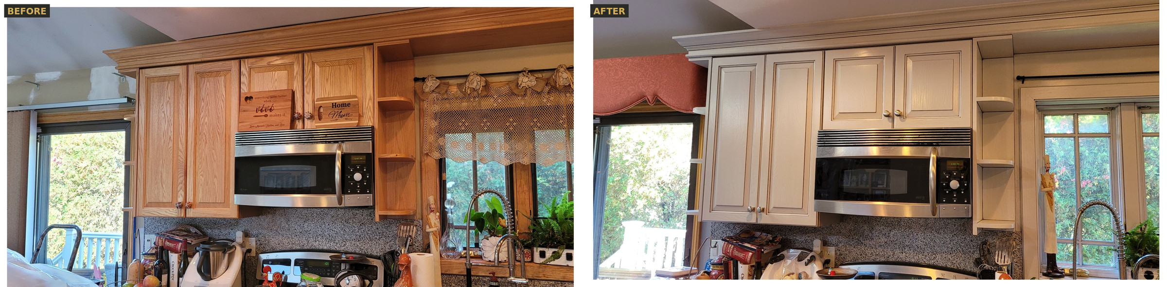 Before and after — kitchen cabinets refinished from wood to cream