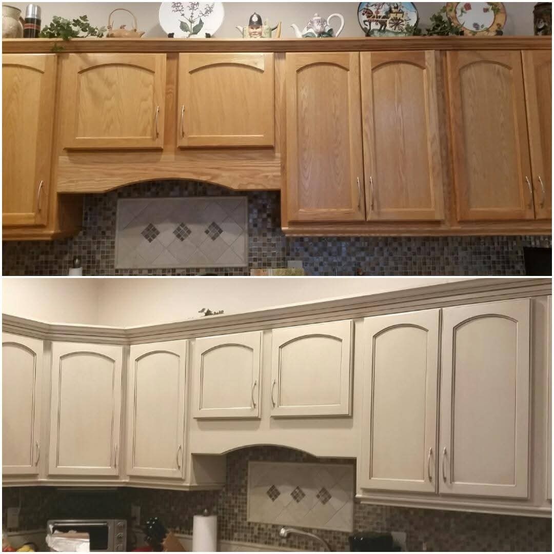 Before and after comparison of kitchen cabinets refinished with an antiqued finish.