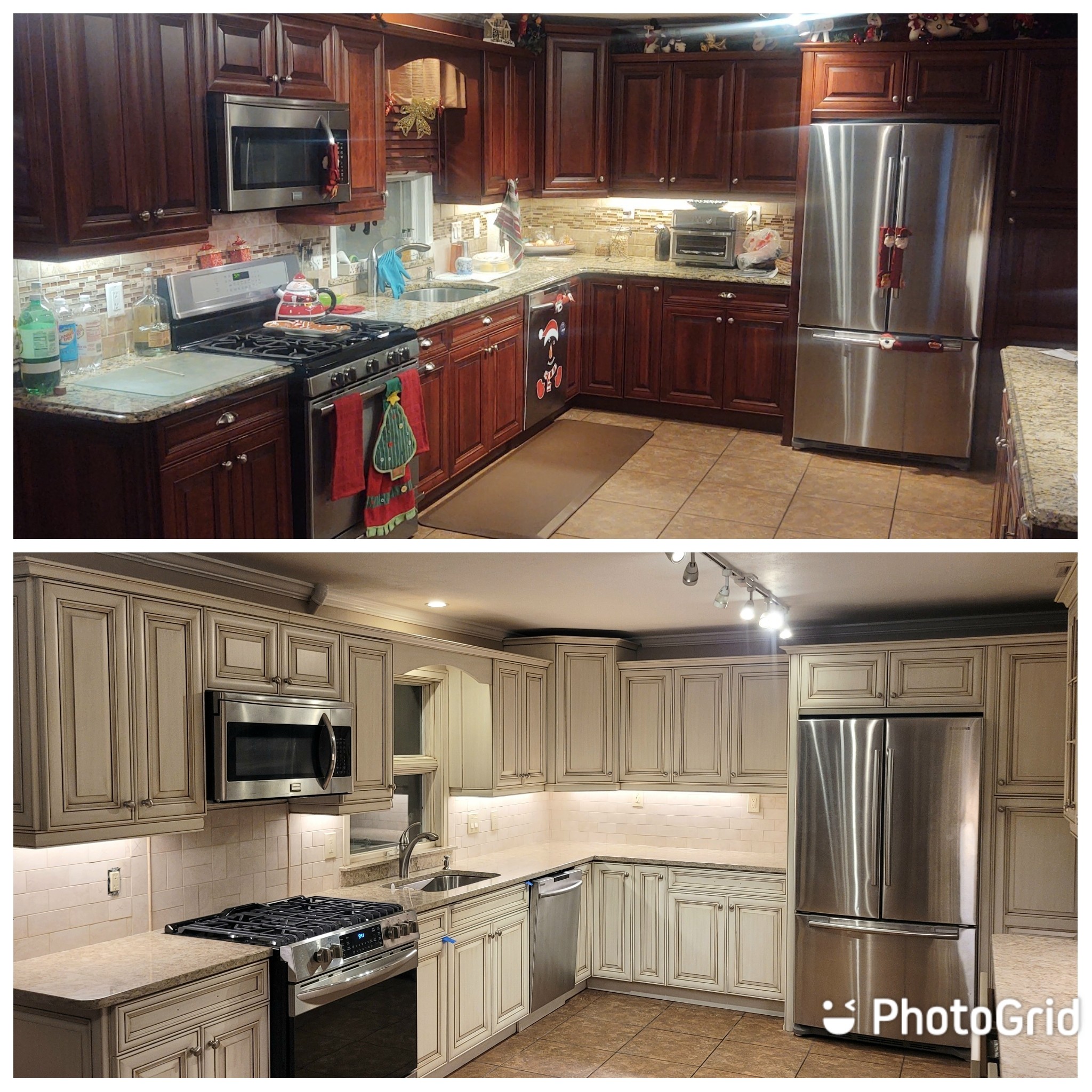 Kitchen cabinet doors and frames refinished with a light gray painted finish.