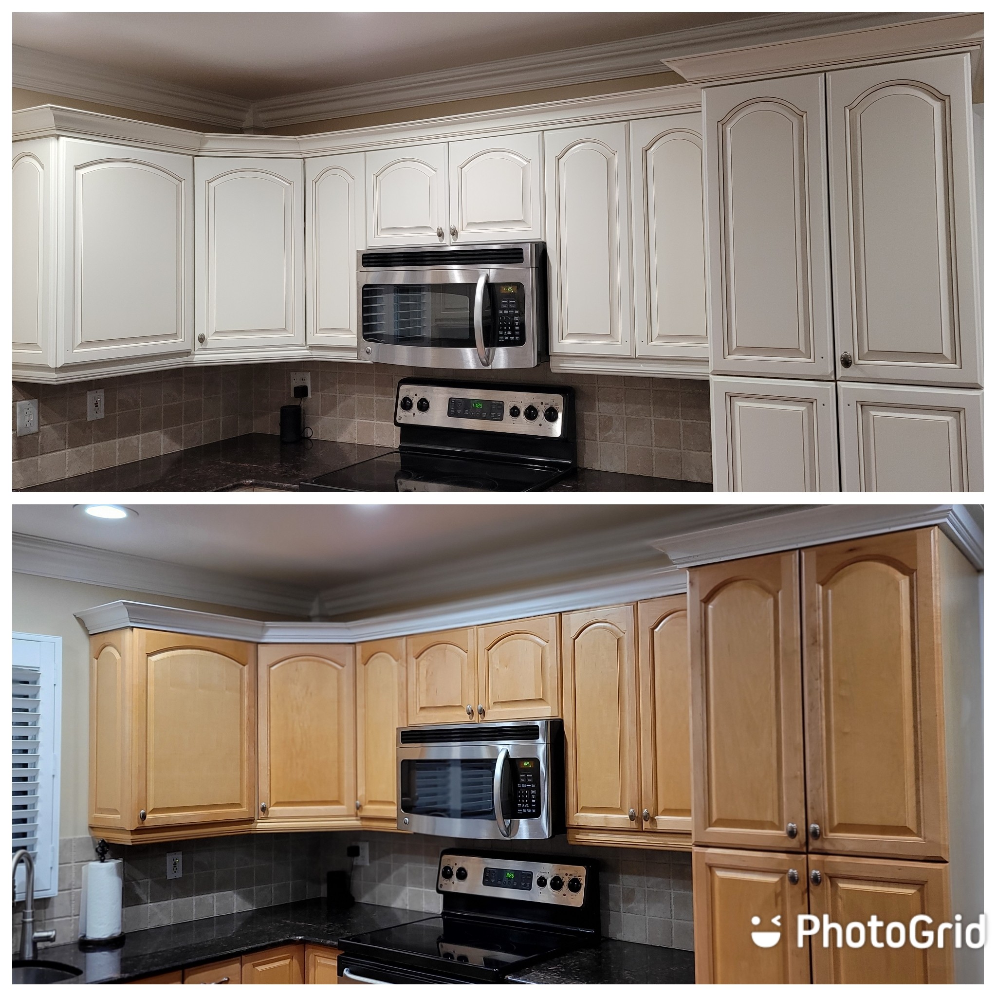 Kitchen cabinet refinishing with white painted upper cabinets and crown molding.