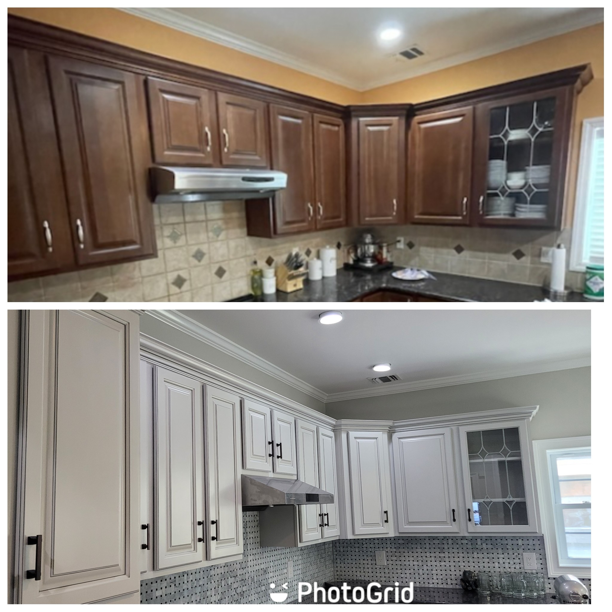 Kitchen cabinets and crown molding after refinishing and painting.