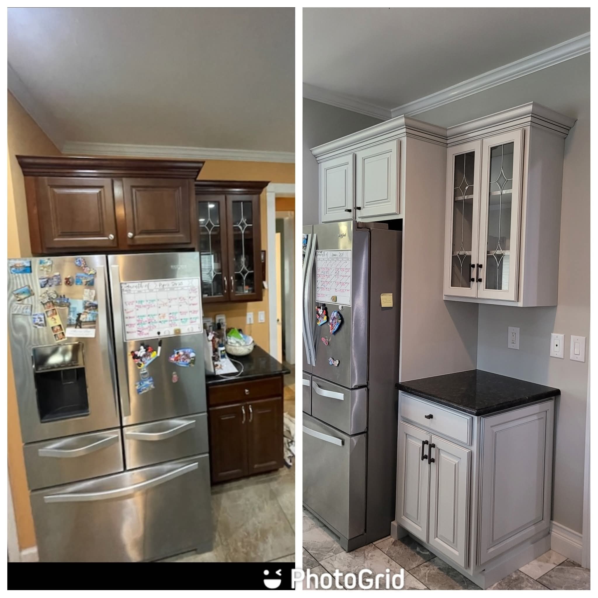Kitchen upper and base cabinet doors refinished from brown to light gray and off-white.
