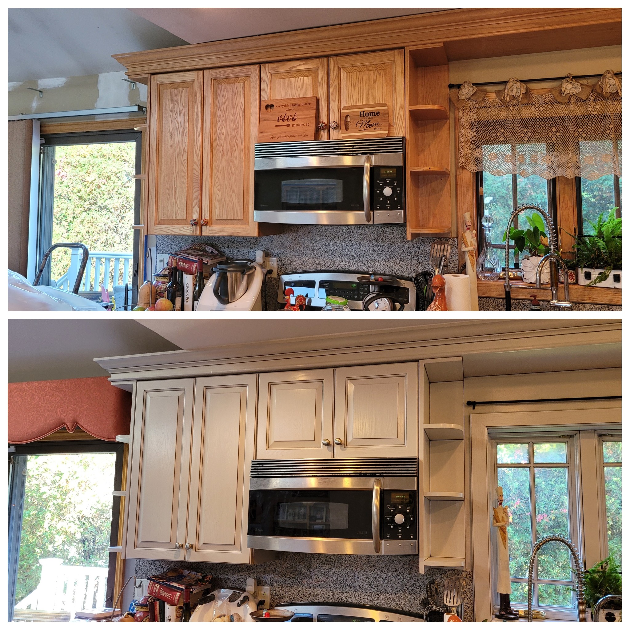 Kitchen upper cabinets and crown molding refinished in an antiqued off-white.