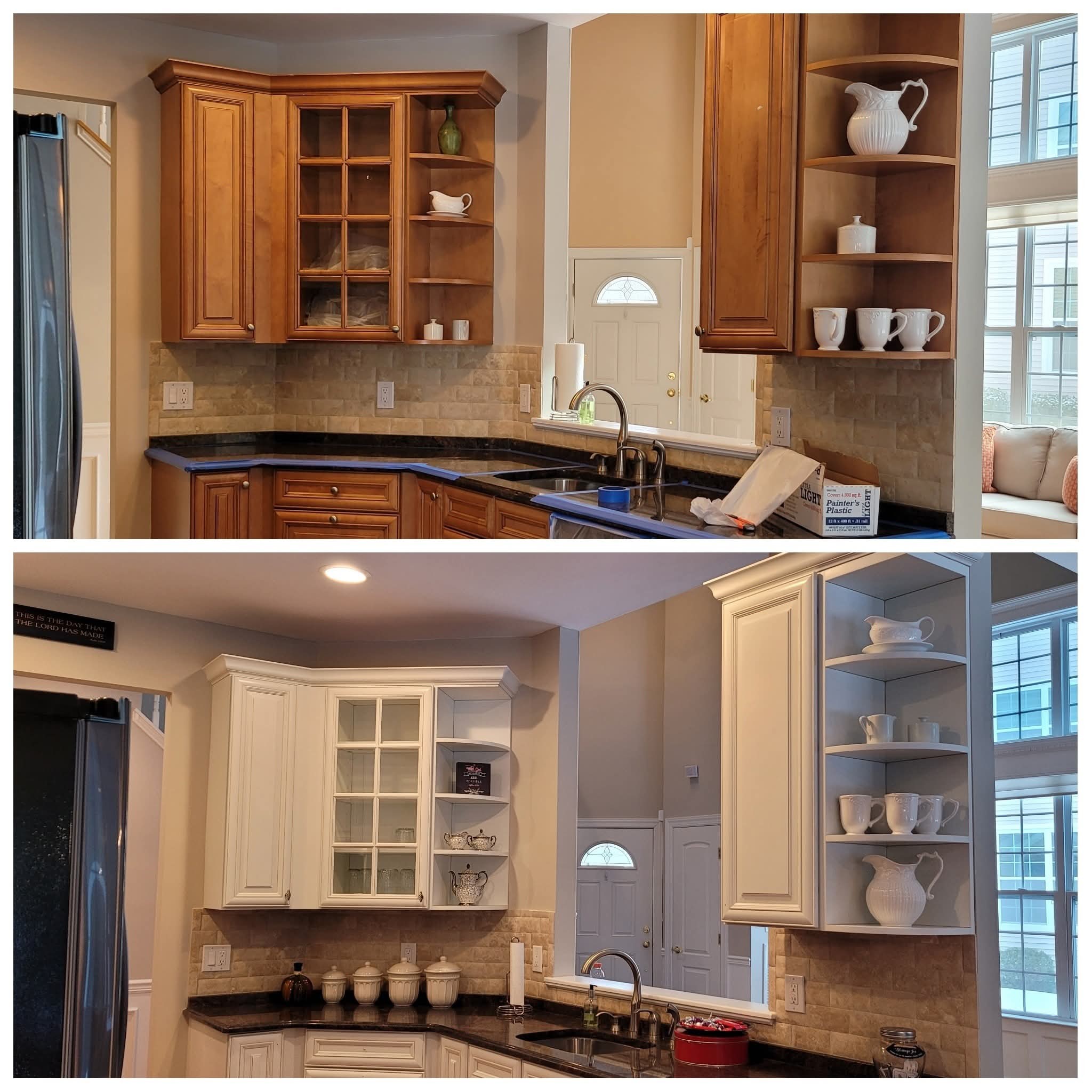 Kitchen upper cabinets and open shelving refinished from stained wood to off-white paint.