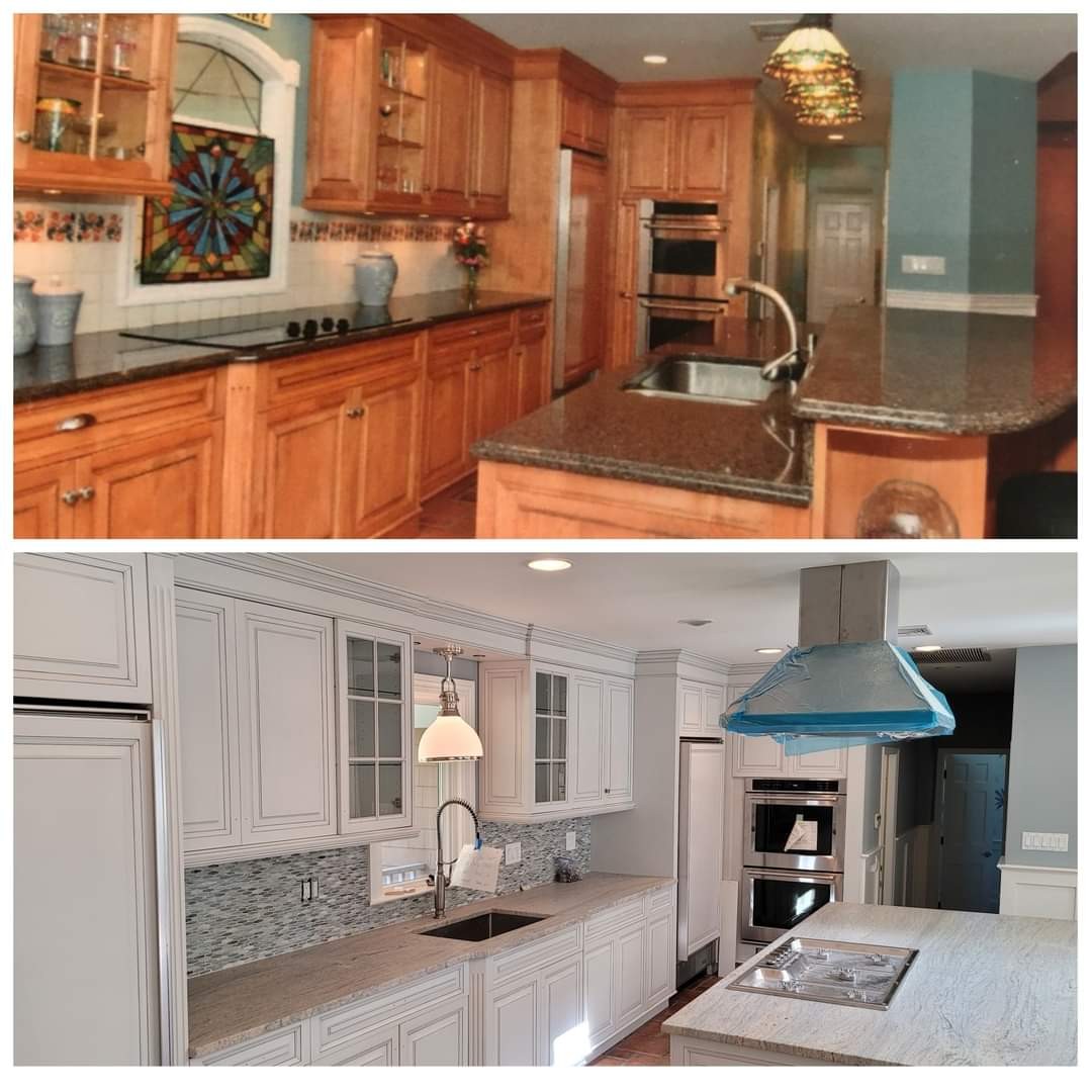 Kitchen with wood cabinets before and white painted cabinets after refinishing.