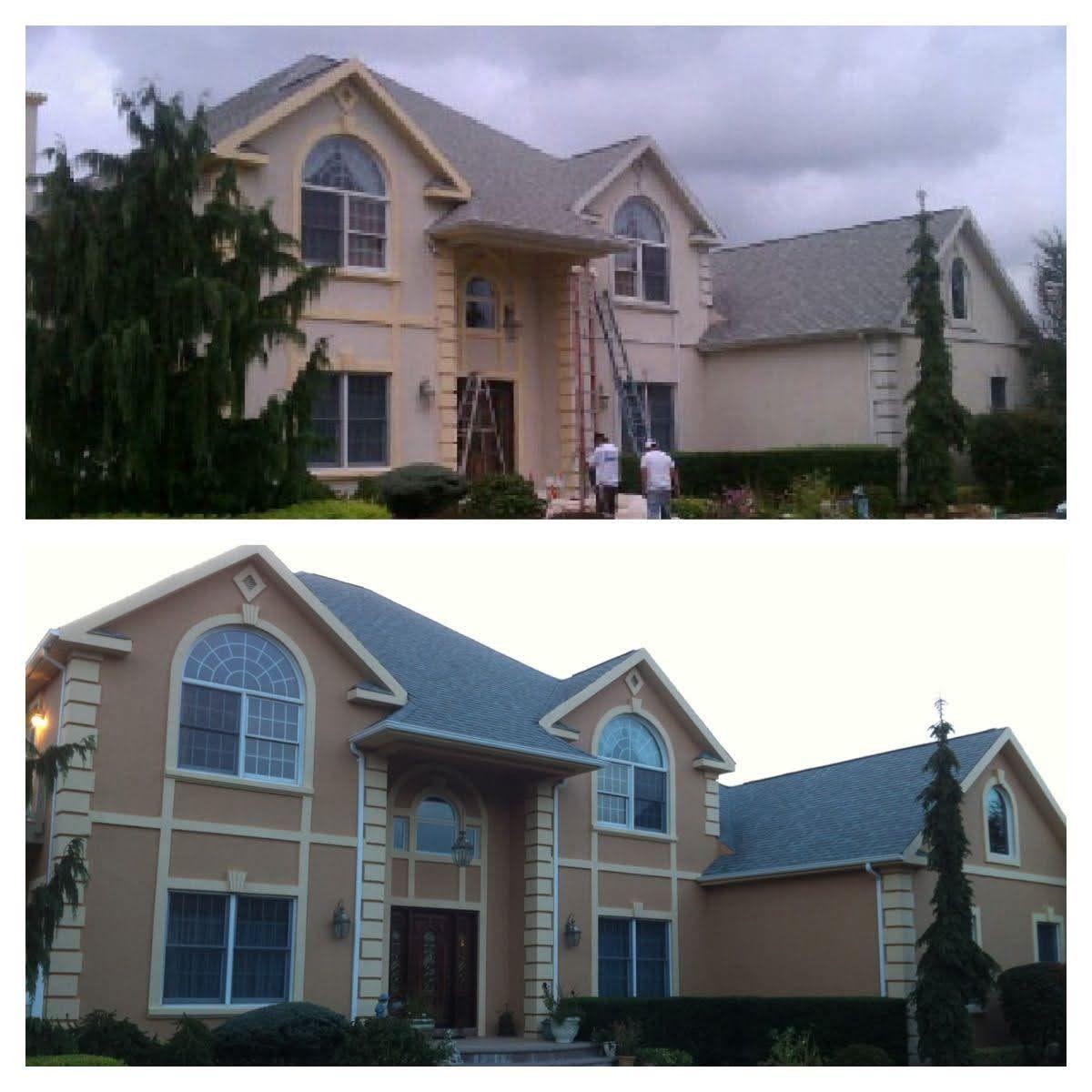 Exterior house repaint showing stucco walls and architectural trim before and after.