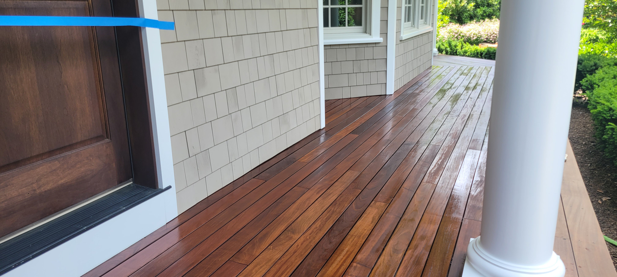 Stained porch decking and column