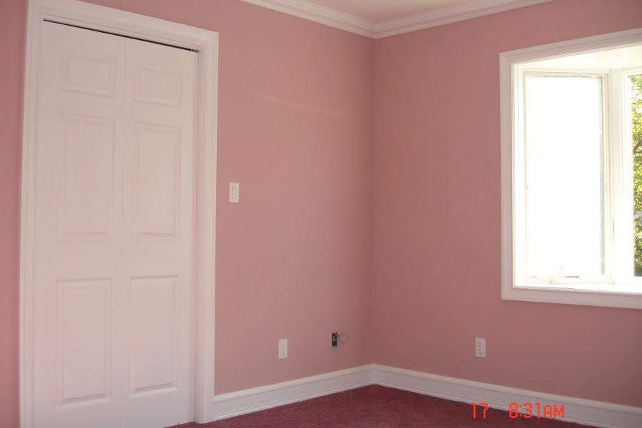 Interior room with pink walls, white trim, door, and window before repainting.