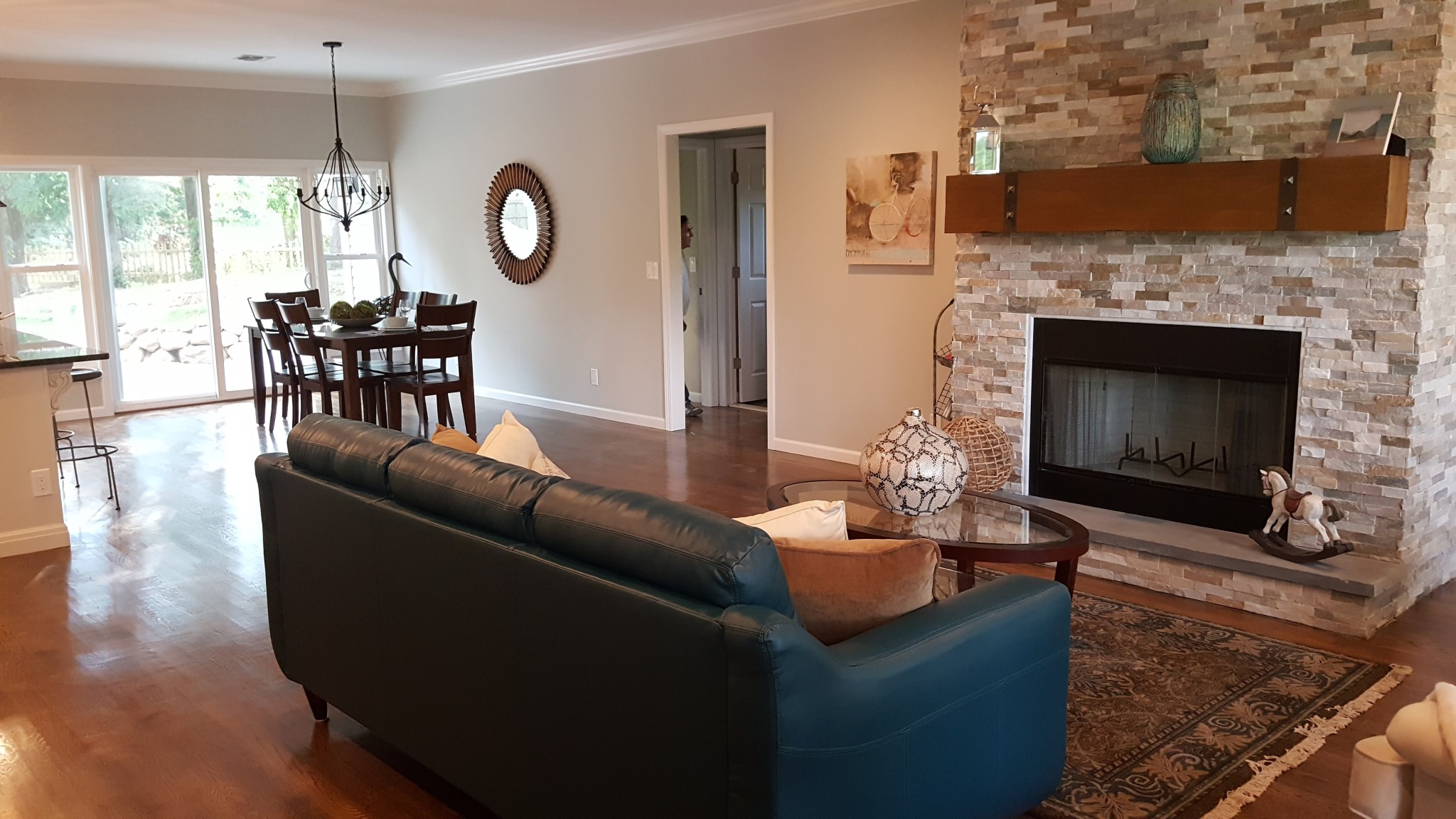 Off-white interior walls and white trim in living and dining areas.