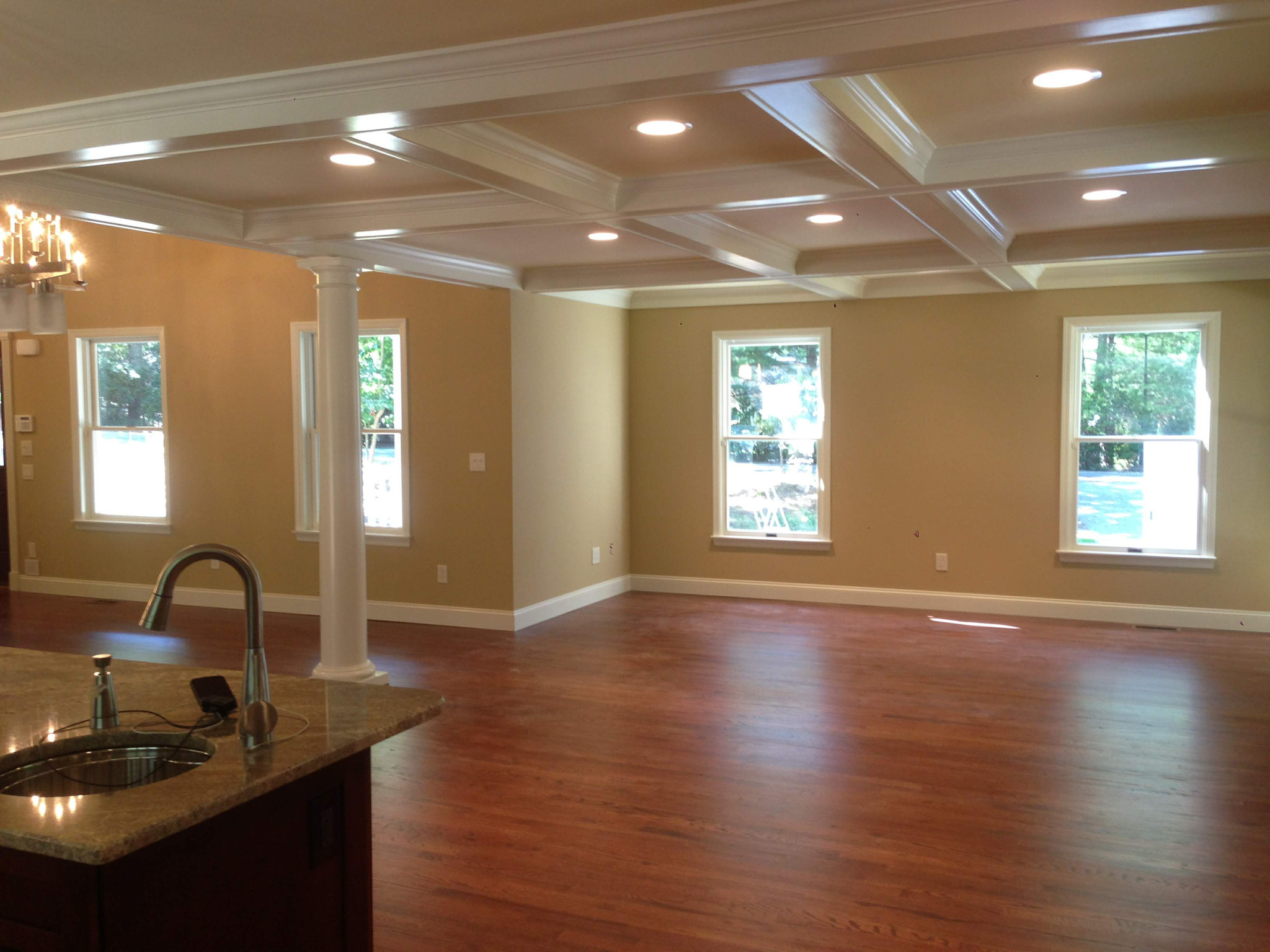Open-plan living space with coffered ceiling