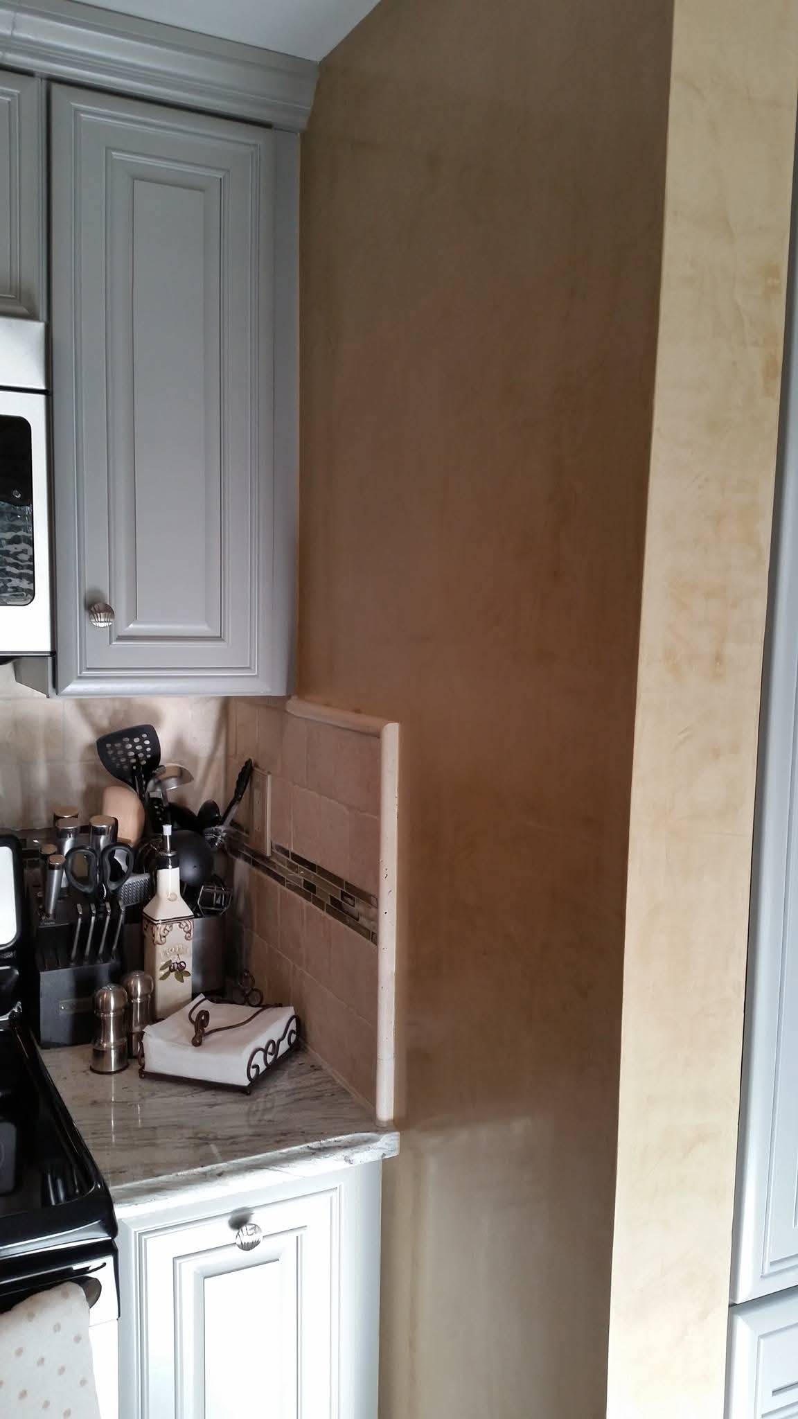 Kitchen walls with specialty Venetian plaster finish, alongside painted cabinets.